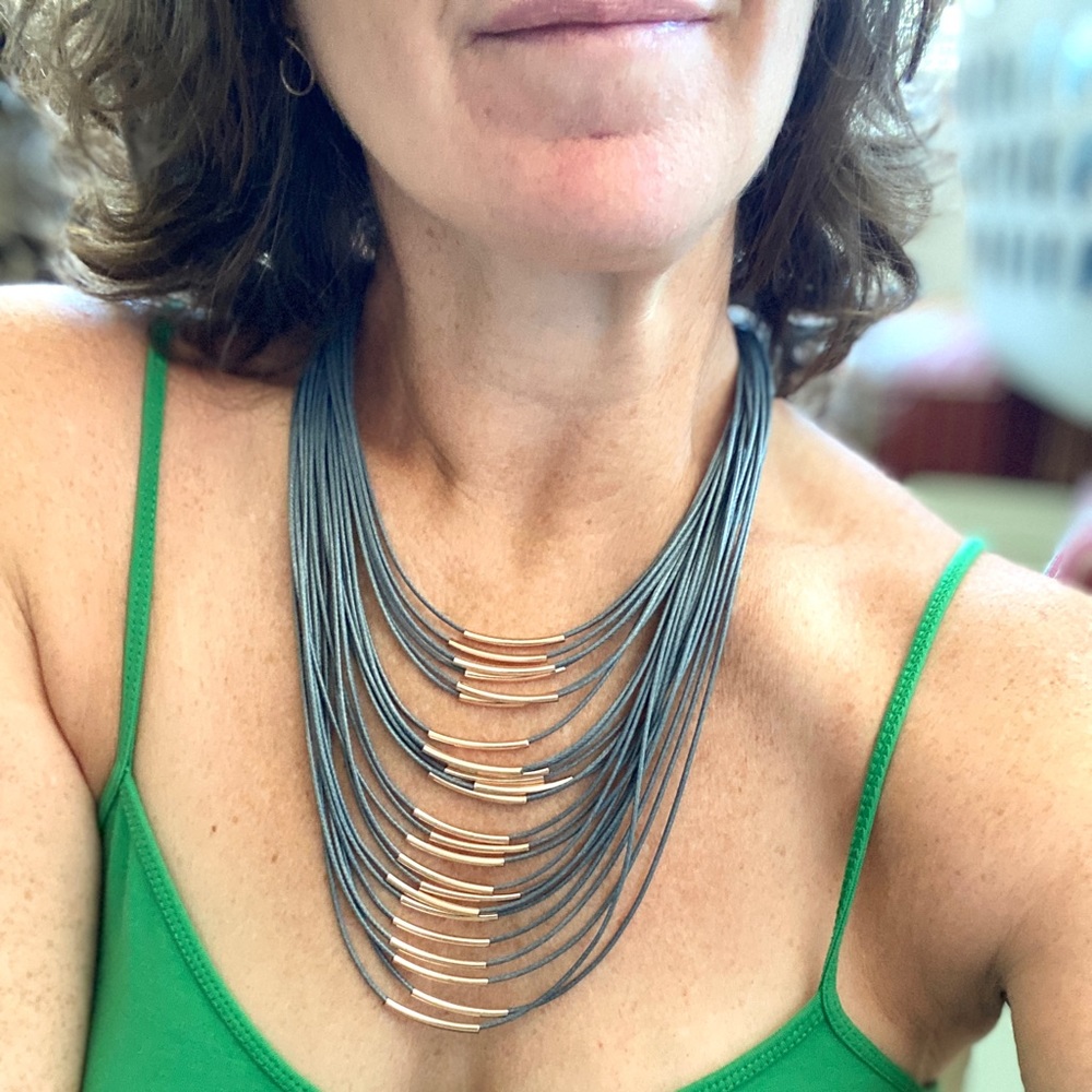 NORDSTROM necklace multistrand gray cord gold layered tiered statement jewelry
